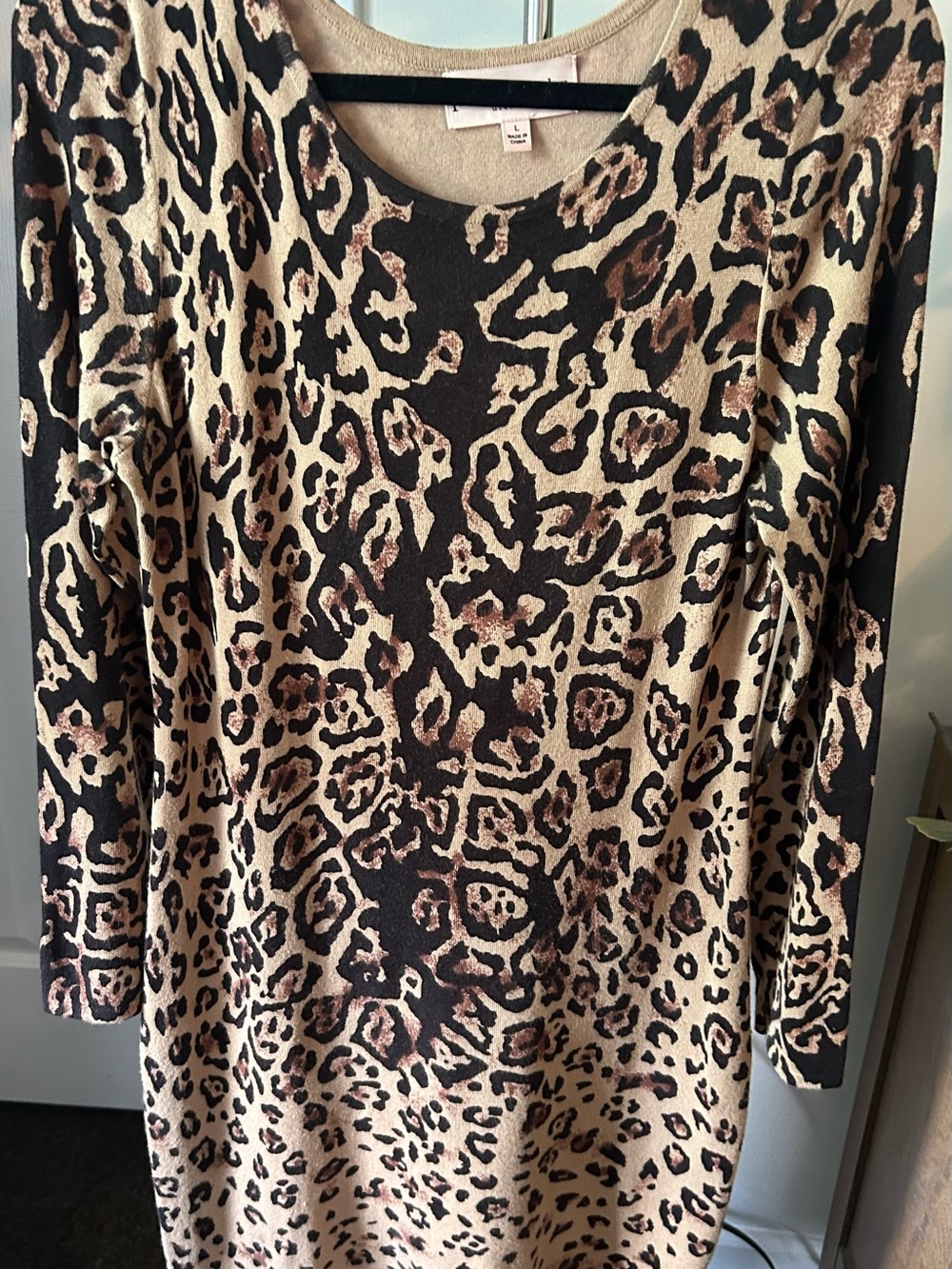 Leopard Print Long Sleeve Women's Dress- Beige & Black
